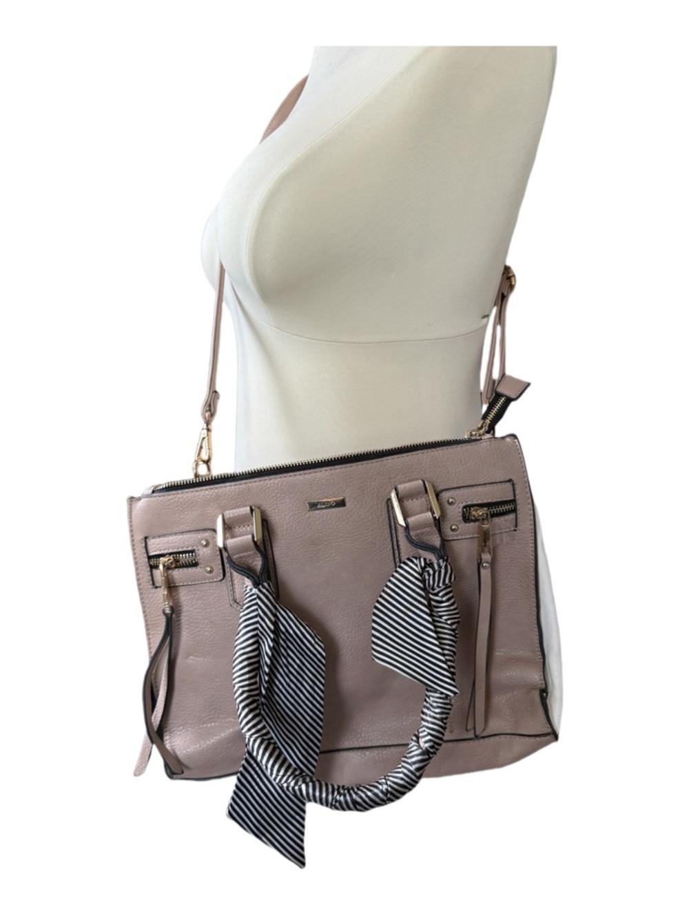 ALDO Taupe Structured Tote Bag with Scarf Accent